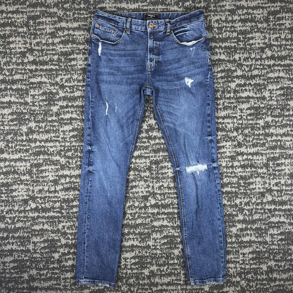 Forever 21 Jeans Mens 32 Blue Distressed Slim Fit Tapered Denim Pants